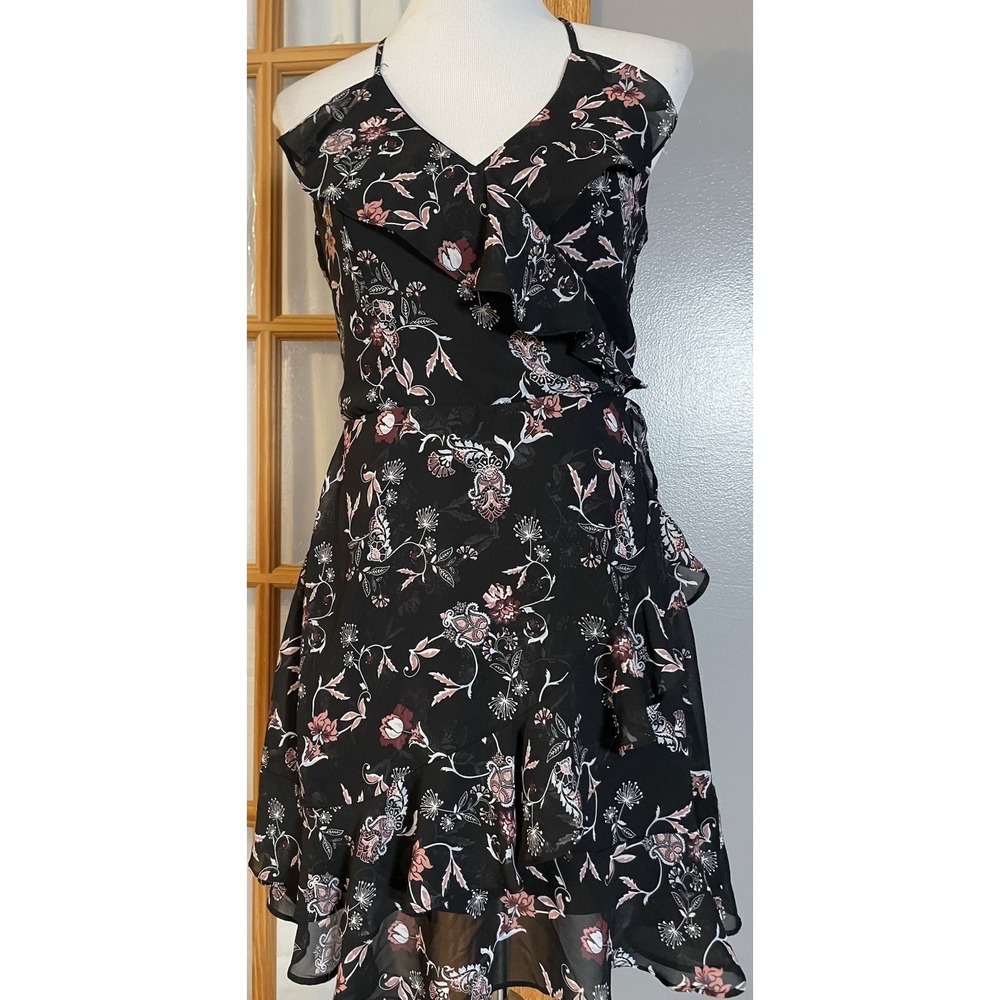 Francesca's Mi Ami Faux Wrap Dress Sz S Black Pink Floral Ruffles City Clubwear - Picture 1 of 14